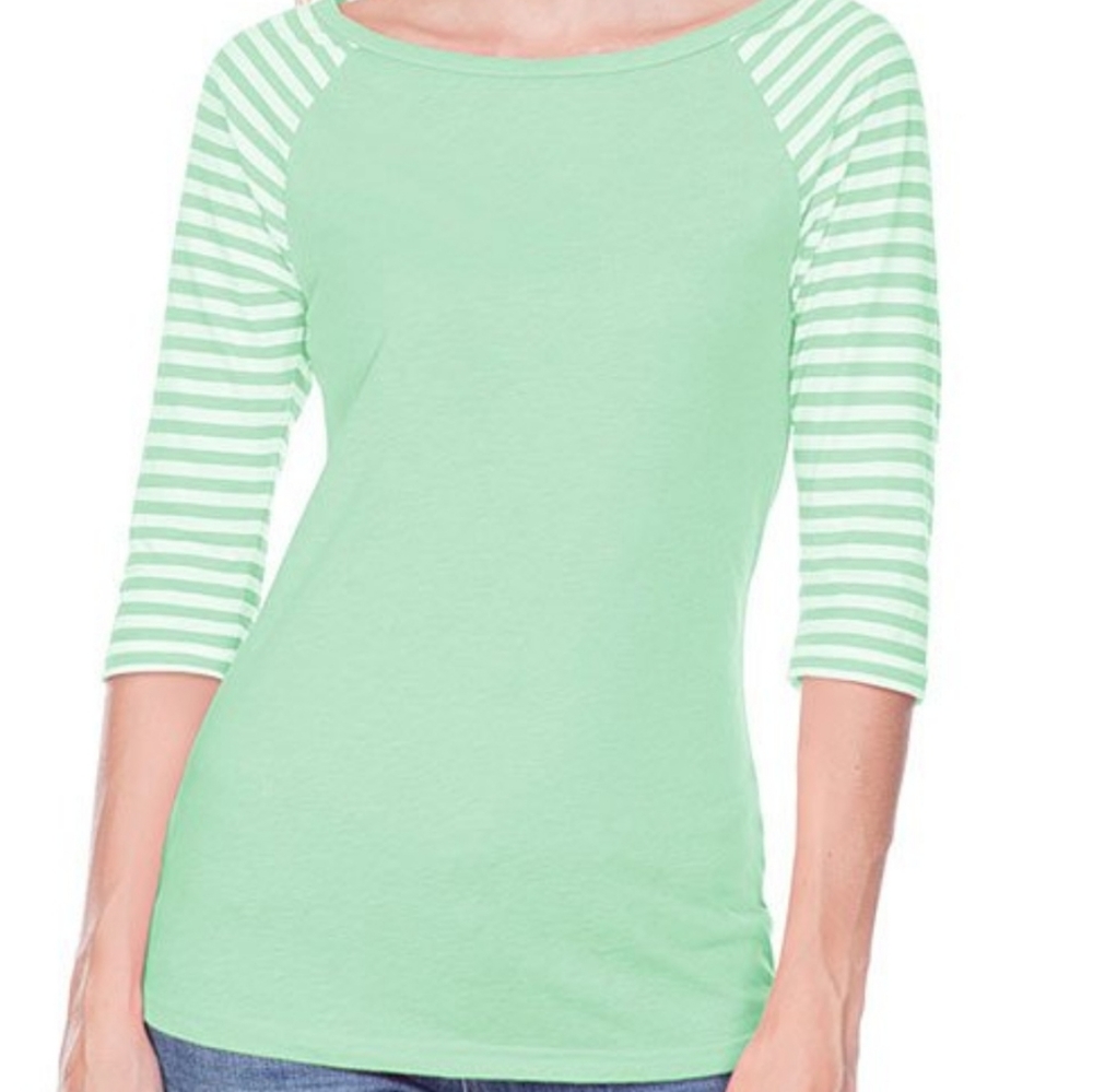 MINT TOP WITH WHITE STRIPPED SLEEVES